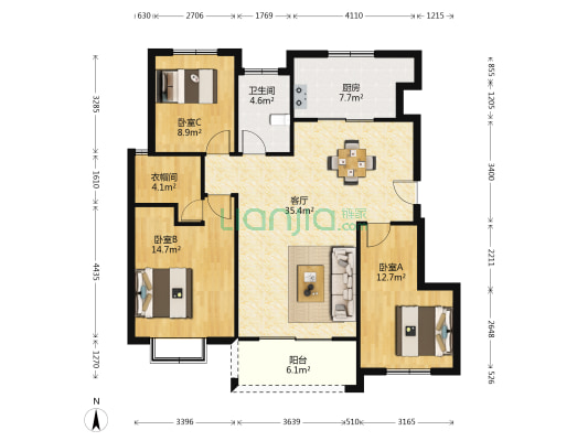 乐悦生活广场 3室1厅1卫 119平方
