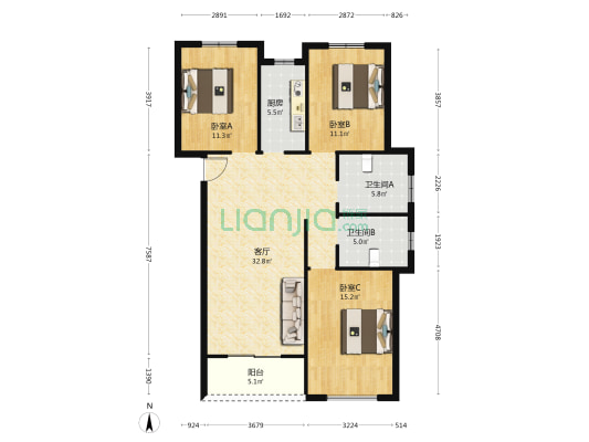 北旅城市商业广场 3室1厅2卫 129平方