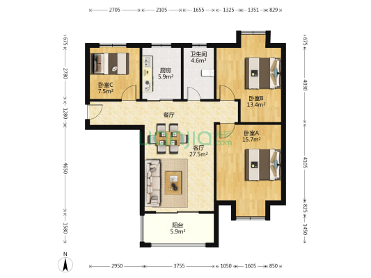 华兴水岸华庭 3室1厅1卫 102平方
