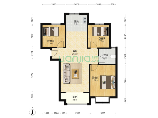 人车分流社区 保利物业 南北通透三居室 看房随时-户型图
