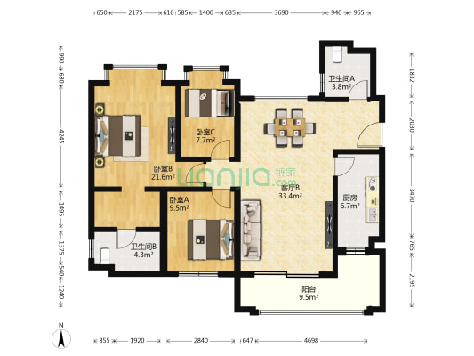 恒大御湖湾B区 3室1厅2卫 123平方