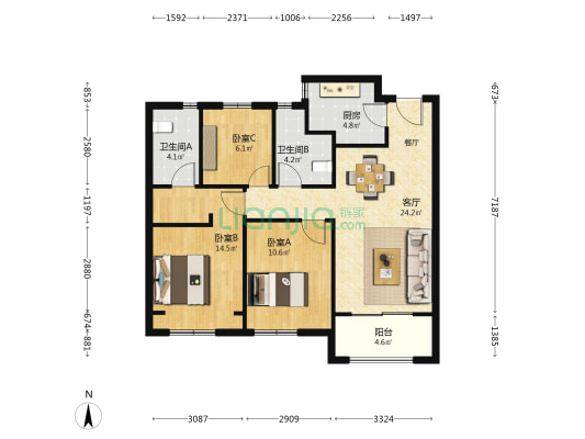 陆家嘴锦绣观澜 3室1厅2卫 96平方