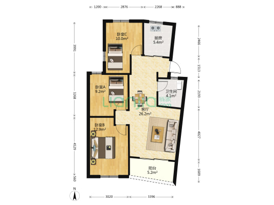 鼓山苑 3室1厅1卫 93平方