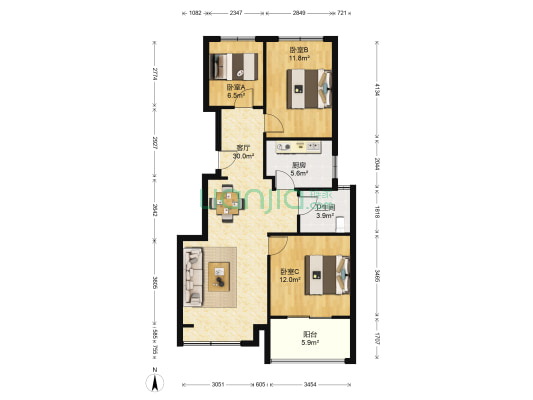 龙湖名景台一期 3室1厅1卫 88平方