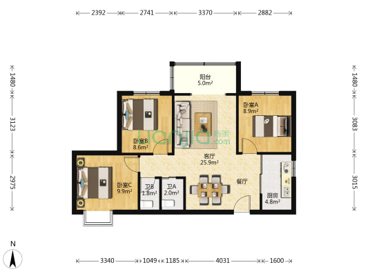昆明时光一区 3室1厅2卫 94平方