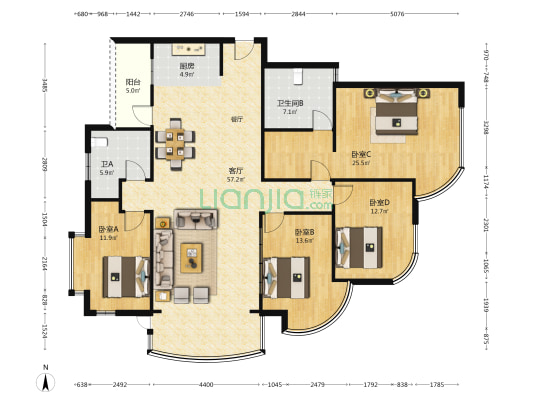 江岸名都 4室1厅2卫 171平方