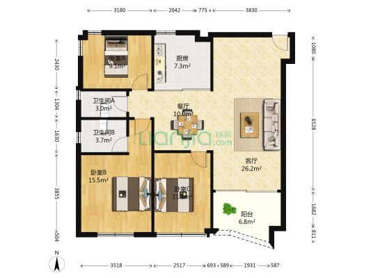 顺景花园 3室2厅2卫 124平方