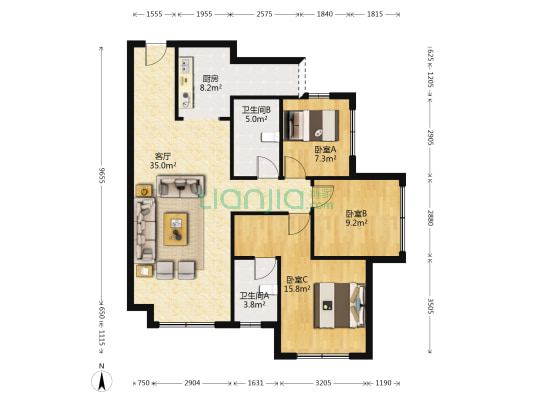 景观33号B区 3室1厅2卫 88平方