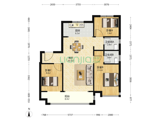 龙河新城 3室1厅2卫 109平方