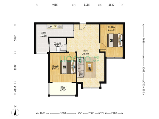 天伦湾全南大两居中间楼层精装未住空房-户型图