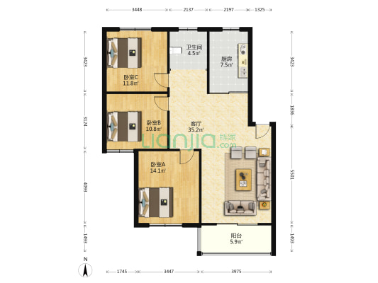 郎甸嘉苑 3室1厅1卫 105平方