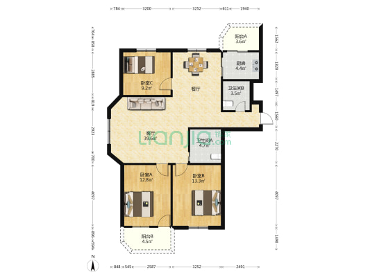 丰海花园 3室1厅2卫 125平方