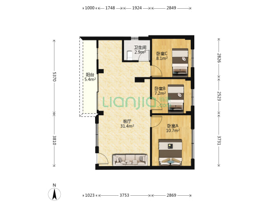 桂畔花园 3室1厅1卫 83平方