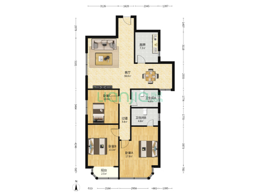 怡景花园 3室1厅2卫 136平方