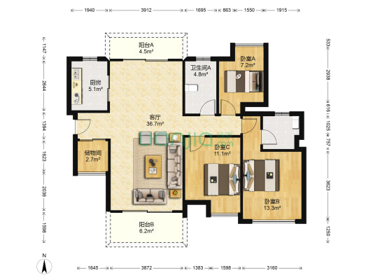 保利山水城 3室1厅2卫 115平方