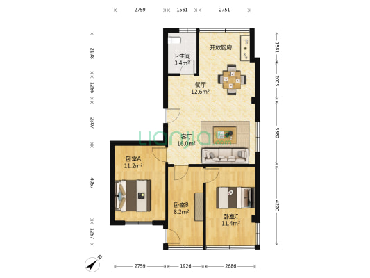 电子宿舍 3室2厅1卫 75平方