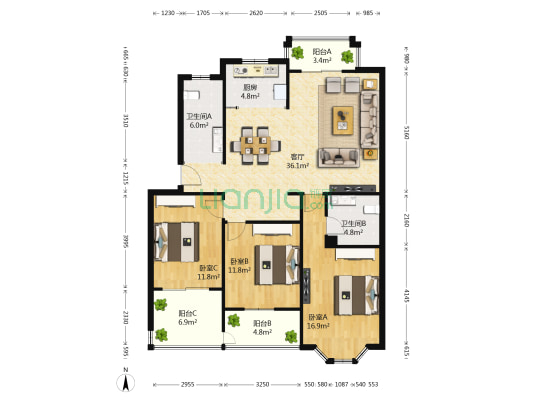 南天阳光东区 3室1厅2卫 115平方