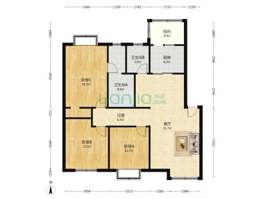 瑞安苑 3室1厅2卫 119平方