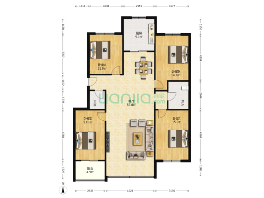 甘南小区 4室1厅2卫 168平方