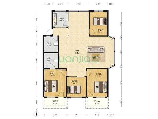 鸿城小区一期 4室1厅2卫 145平方