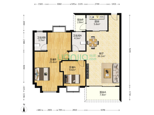 亮庭轩 2室1厅2卫 109平方