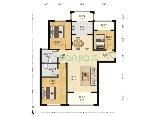 九龙新城 3室1厅2卫 124平方