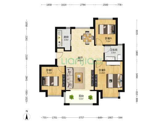 中海湖心半岛 3室1厅1卫 92平方