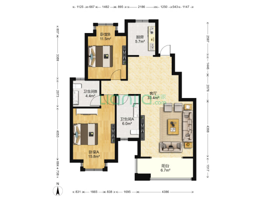 玉带明珠邮政住宅区东区 2室1厅2卫 108平方