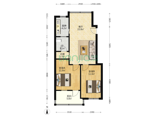 中国银行宿舍 2室1厅1卫 69平方