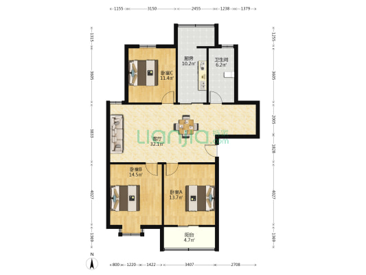 西欧名邸 3室1厅1卫 111平方