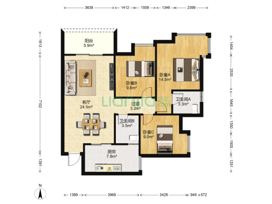 美德佳园 3室1厅2卫 105平方