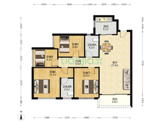 壹成中心璞誉府 4室1厅2卫 115平方