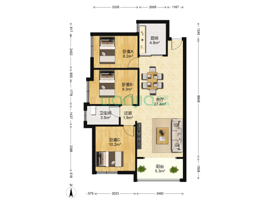 中骏蓝湾香郡 3室1厅1卫 91平方