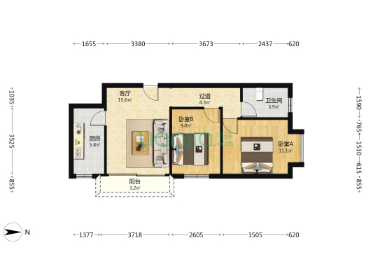 翠桦花园 2室1厅1卫 60平方