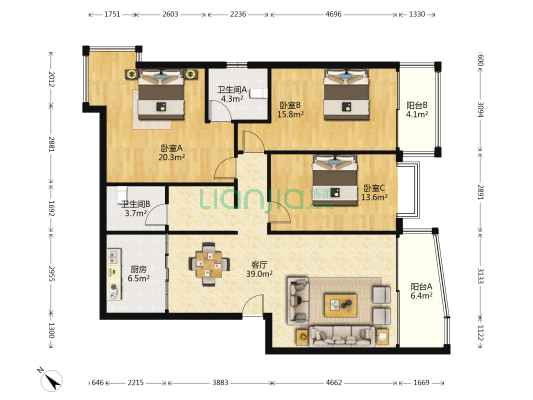 七星新城 3室1厅2卫 133平方