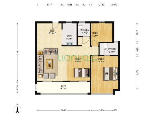 琥珀御宾府 3室1厅2卫 109平方