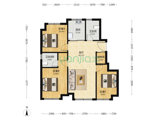 金地中央公园三期 3室1厅2卫 99平方
