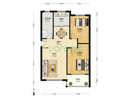 爱伦堡 2室2厅1卫 92平方