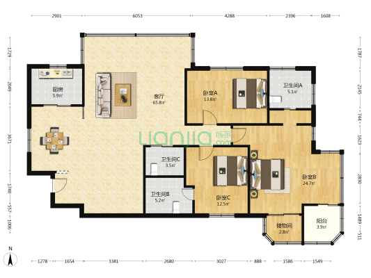 时代广场 3室1厅3卫 197平方