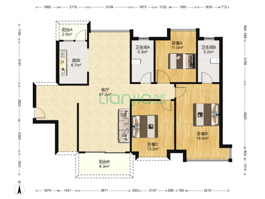 园洲花园 3室1厅2卫 128平方