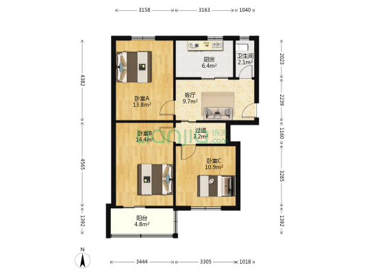 建行宿舍 3室1厅1卫 77平方