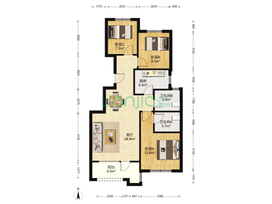 中国铁建山语城 3室1厅2卫 96平方