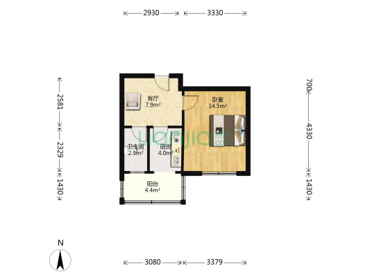 煤田总局173队家属楼 1室1厅 南-户型图