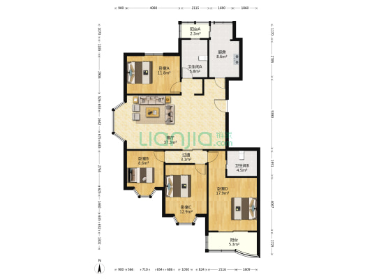 江东新世纪 4室1厅2卫 149平方
