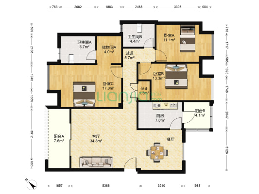 武汉天地二期A10 3室1厅2卫 137平方
