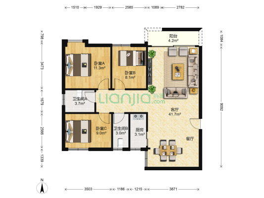 银桦新村 3室1厅2卫 131平方