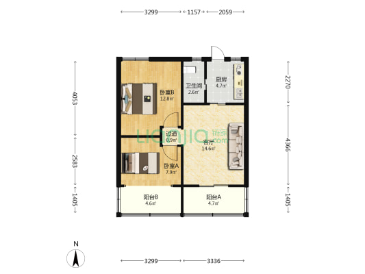 三财殿前 2室1厅1卫 60平方