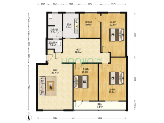 华阳路建行家属院南北通透大四居，房本满二年。-户型图