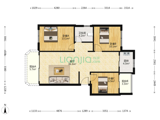 江东花园茶香园 3室1厅1卫 102平方