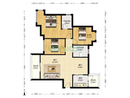 丽景嘉园一期 3室2厅2卫 96平方